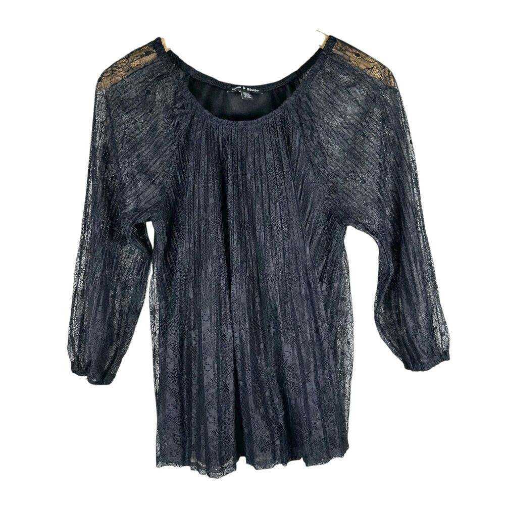 Cable & Gauge Women’s Floral Lace Pleated 3/4 Sleeve Blouse Black S Fairy Goth